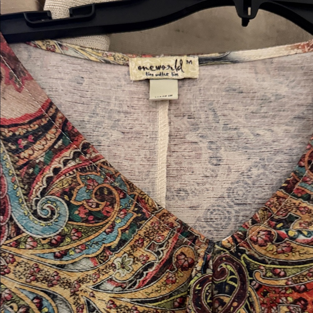 ONE WORLD Paisley V-Neck Top in Teal, Mustard, Rust, Cream